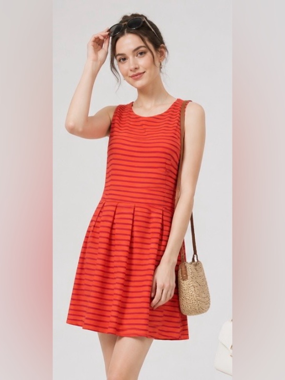 Nanette Lepore L'AMOUR Dress Sleeveless Orange Ponti Stripe Pleated Fit Flare L